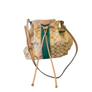 Coach Signature Stripe Drawstring Shoulder Bag In Khaki And Emerald.